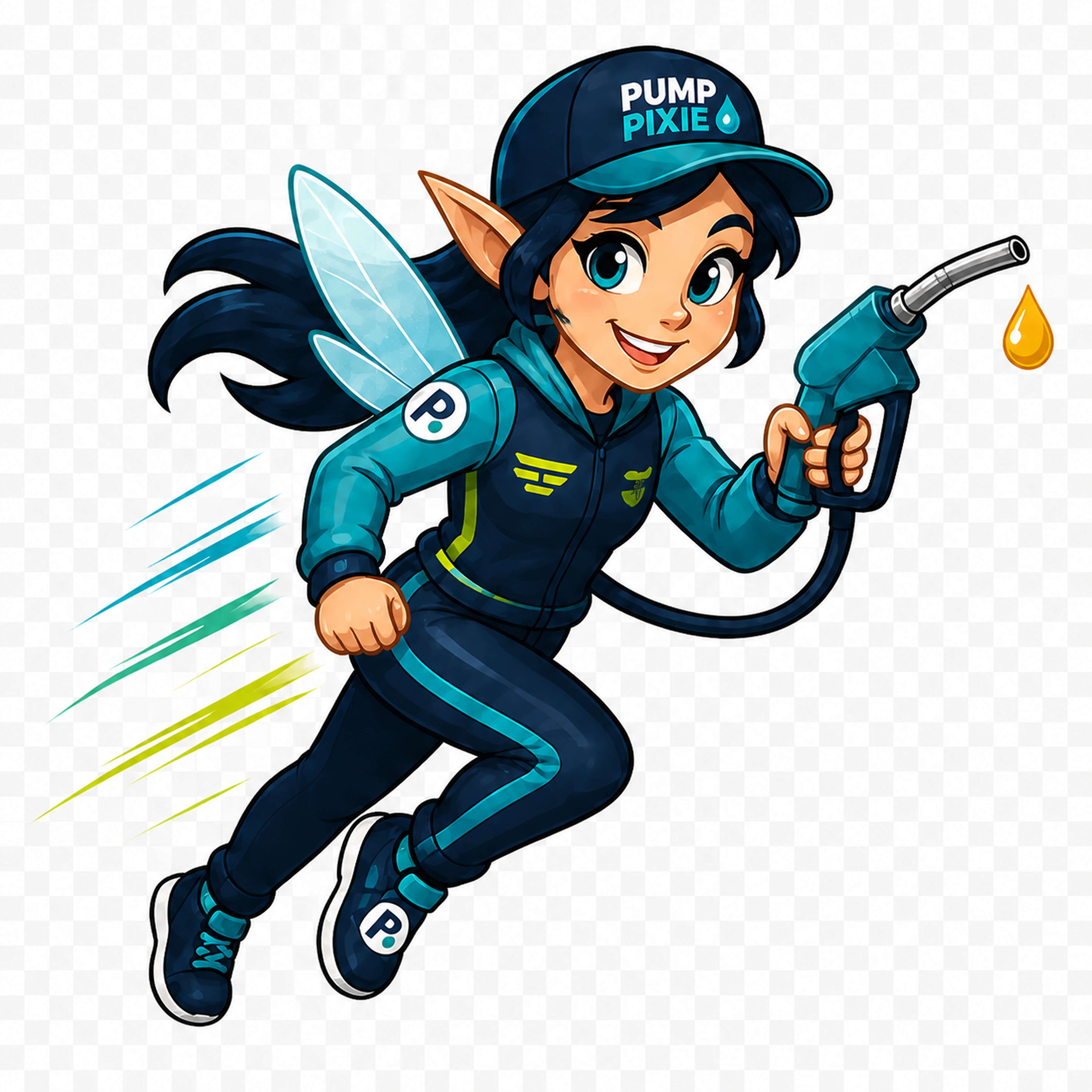 Pump Pixie mascot illustration holding a fuel nozzle